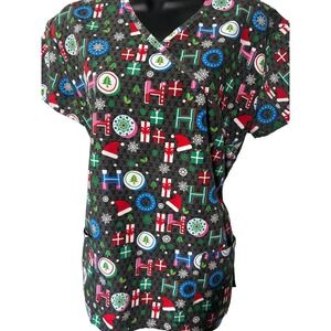 Cassandra O Christmas Holiday Scrub Top Santa HO Presents Trees Small